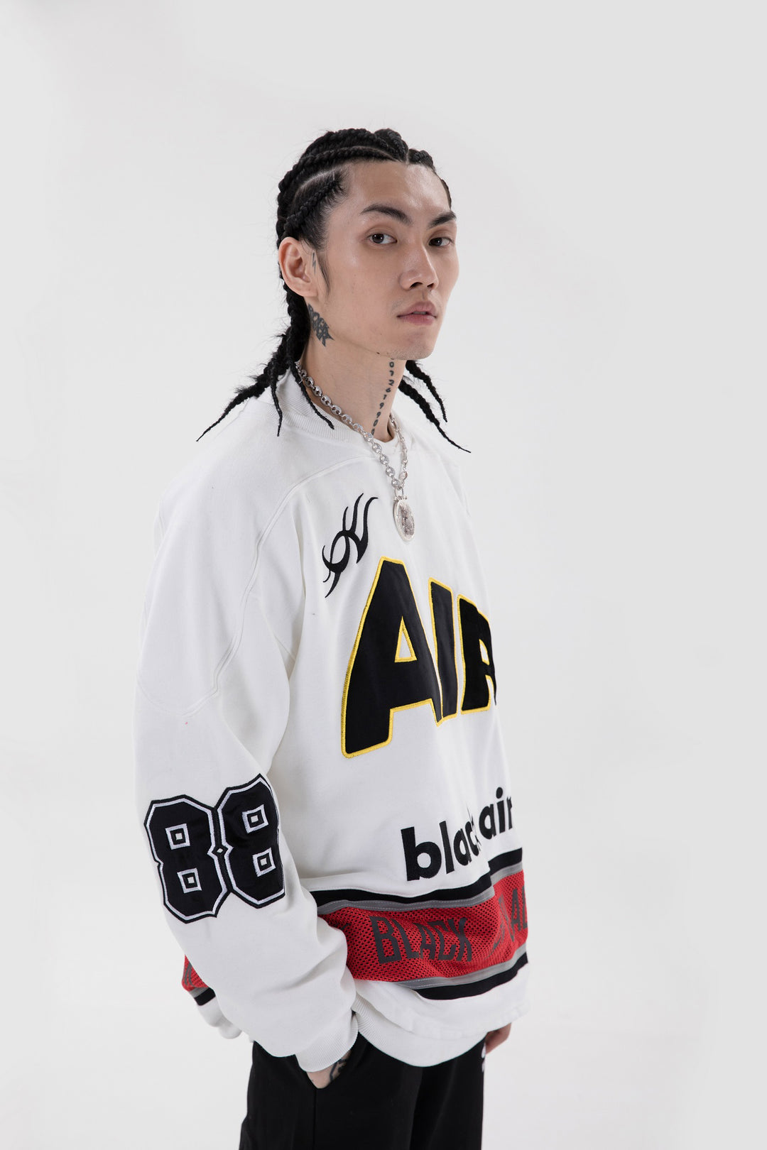 BLACKAIR varsity-letter sweatshirt, white, three-quarter front outfit