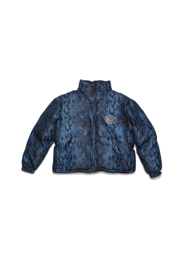 4RE1GN PYTHON FLAME reversible graphic puffer jacket, blue side, product-only front