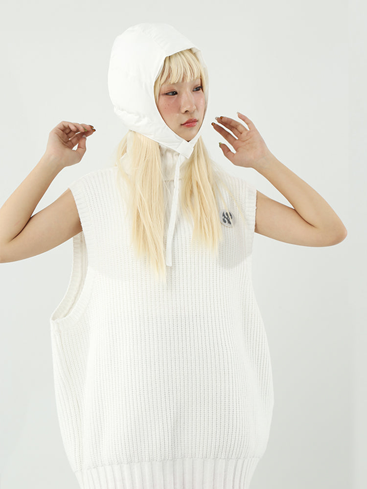 NEXT PASSPORT WHITE LAMB sleeveless turtleneck sweater, front styling with a white hood