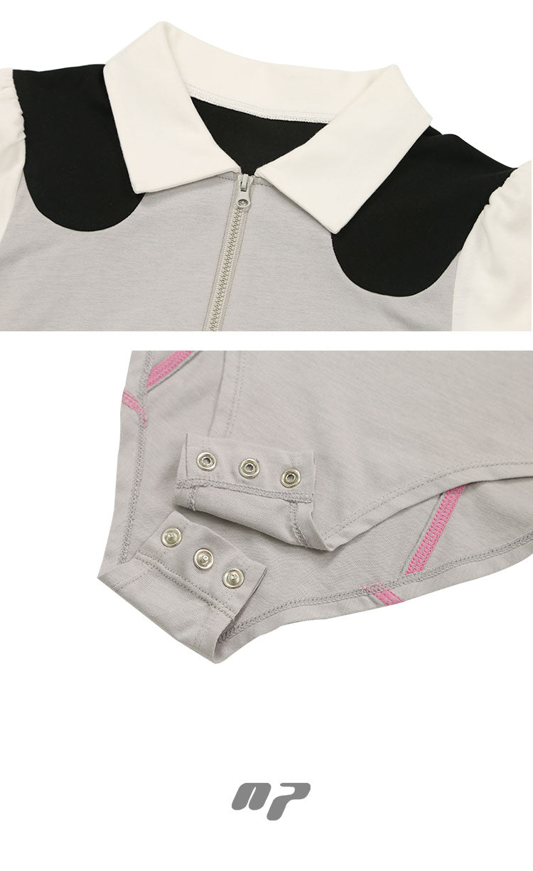 NEXT PASSPORT RETROFUTURE color-block polo bodysuit, collar zip and crotch snap-fastening details