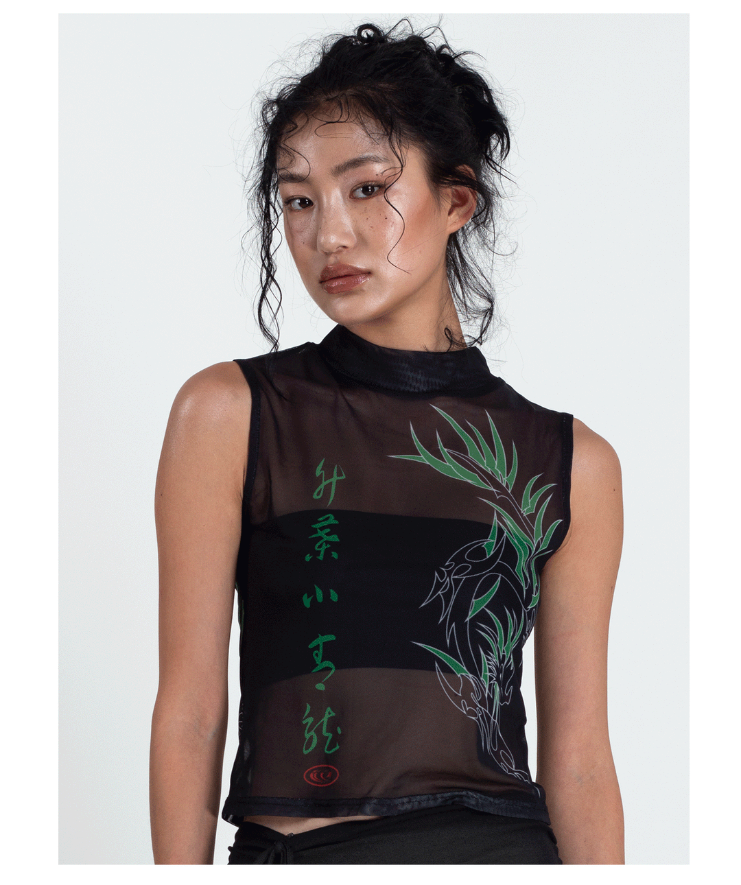 4RE1GN BAMBOO DRAGON sleeveless mesh vest, close front portrait