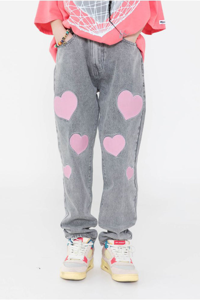 BLACKAIR BIG HEARTS pink-patch jeans, gray version, straight front styling