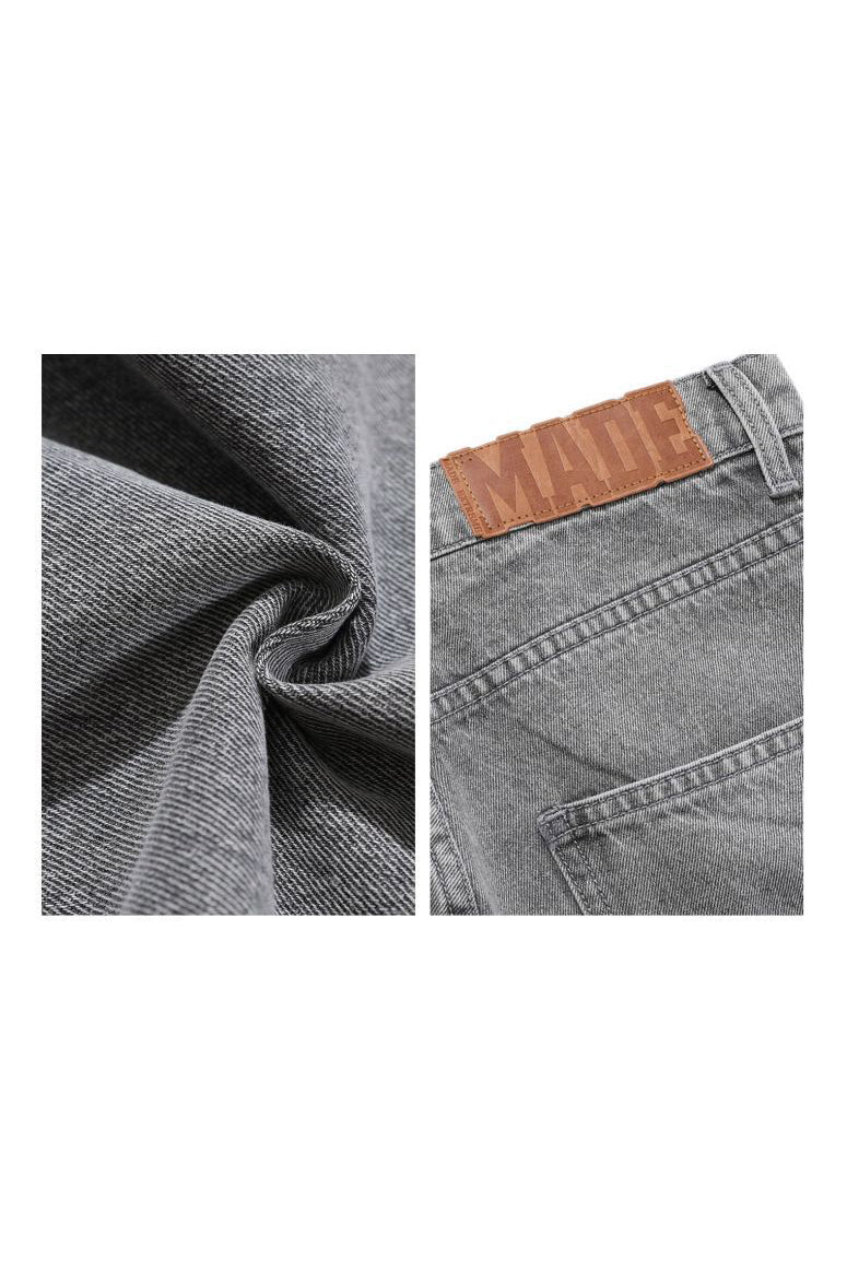BLACKAIR BIG HEARTS pink-patch jeans, gray version, fabric and waist-patch detail collage