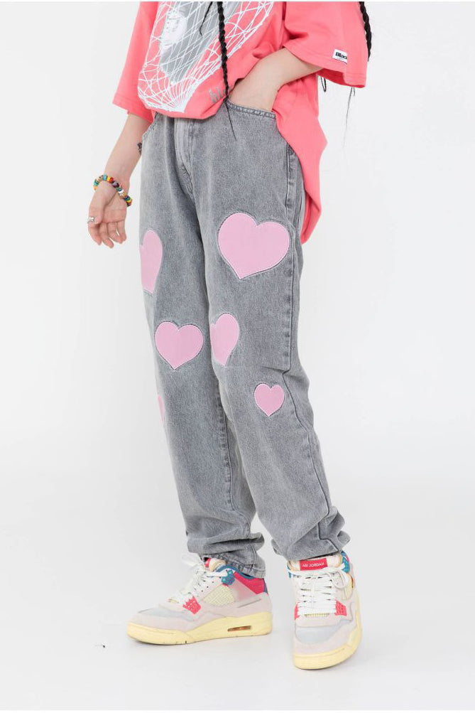 BLACKAIR BIG HEARTS pink-patch jeans, gray version, three-quarter front styling