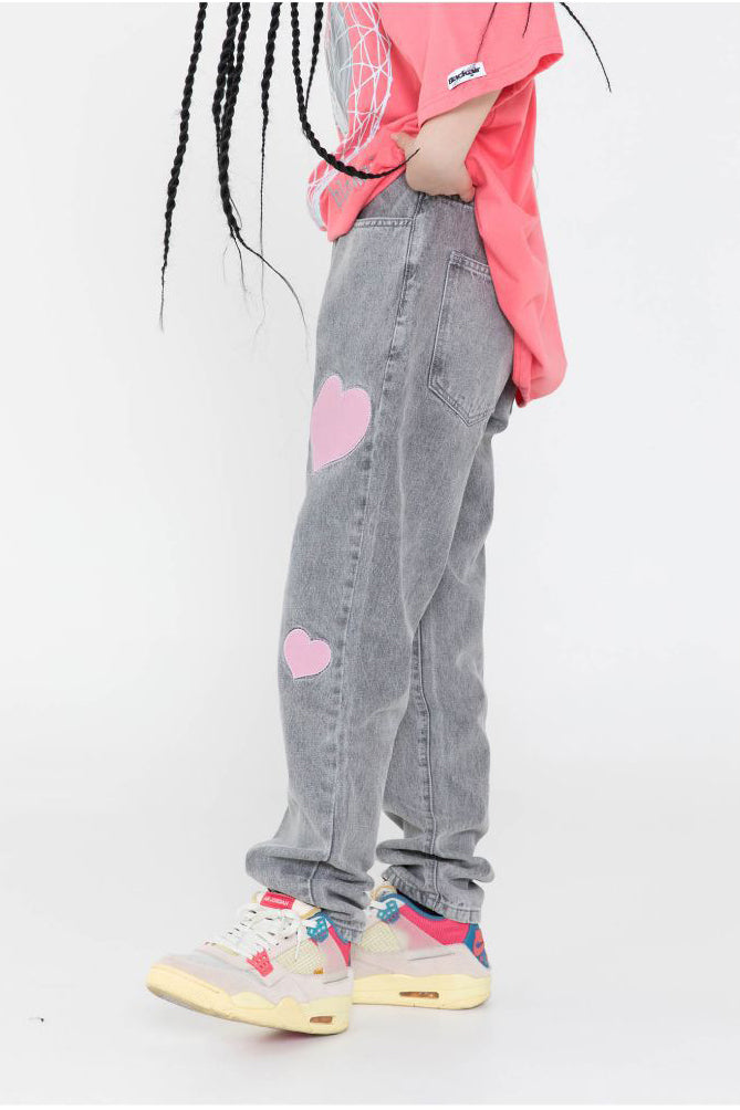 BLACKAIR BIG HEARTS pink-patch jeans, gray version, side styling