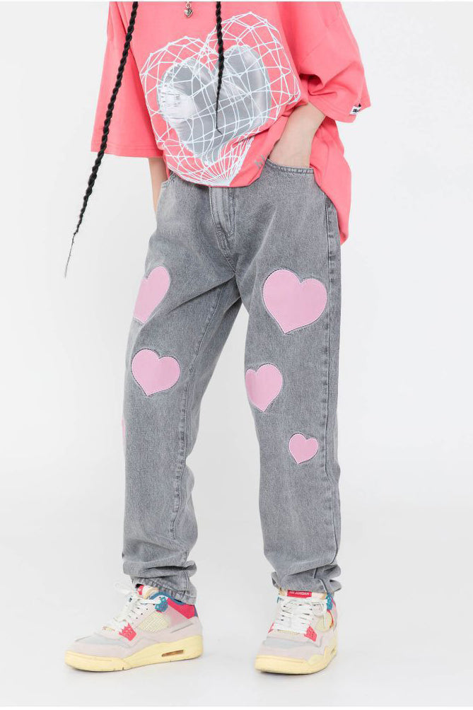 BLACKAIR BIG HEARTS pink-patch jeans, gray version, side-front styling