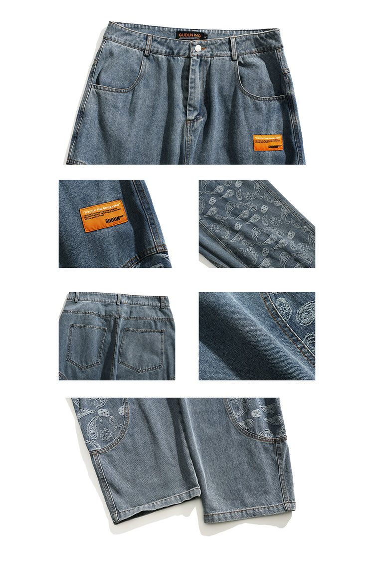 BJHG CASHEW paisley-panel loose jeans, waist, patch, paisley, rear-pocket and hem detail collage