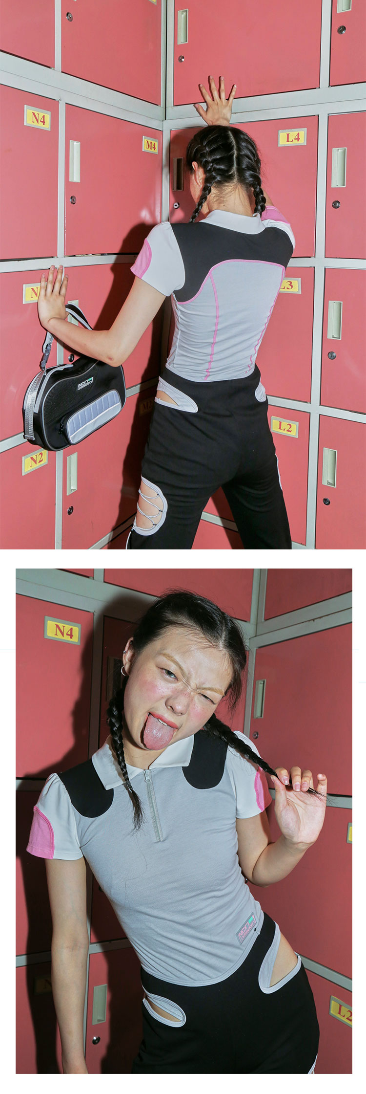 NEXT PASSPORT RETROFUTURE color-block polo bodysuit, rear and front locker-room styling collage