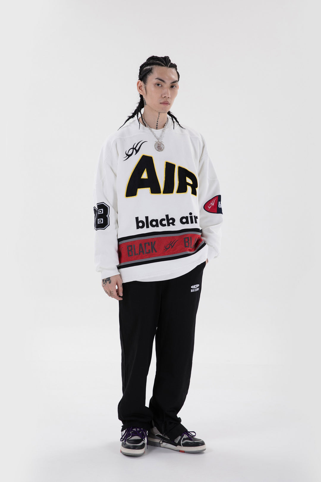 BLACKAIR varsity-letter sweatshirt, white, full front standing pose