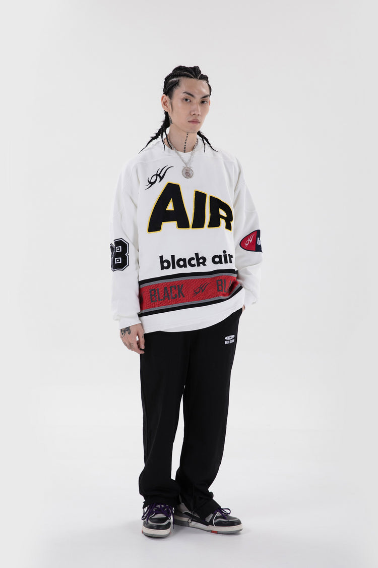 BLACKAIR varsity-letter sweatshirt, white, full front standing pose