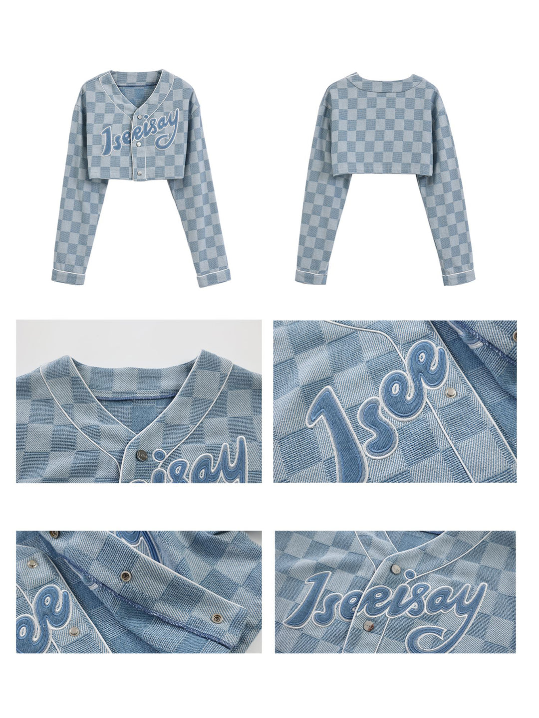 ICIC CHECKER cropped denim baseball jacket, front, rear, snap and embroidery detail collage