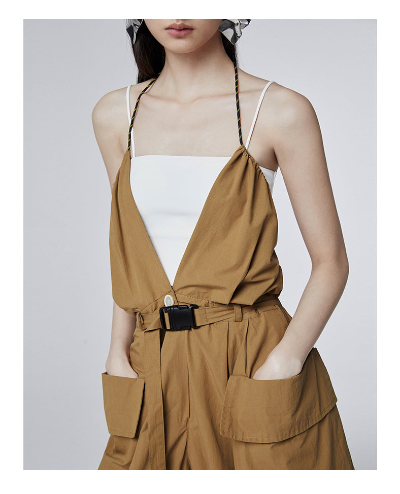 SHOWROOM PLUS HACKWRENCH UTILITY convertible jumpsuit, brown, close front buckle and pockets