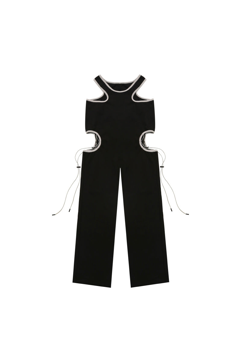 NEXT PASSPORT RETROFUTURE cutout pants, product-only front with cutout waist and white edging