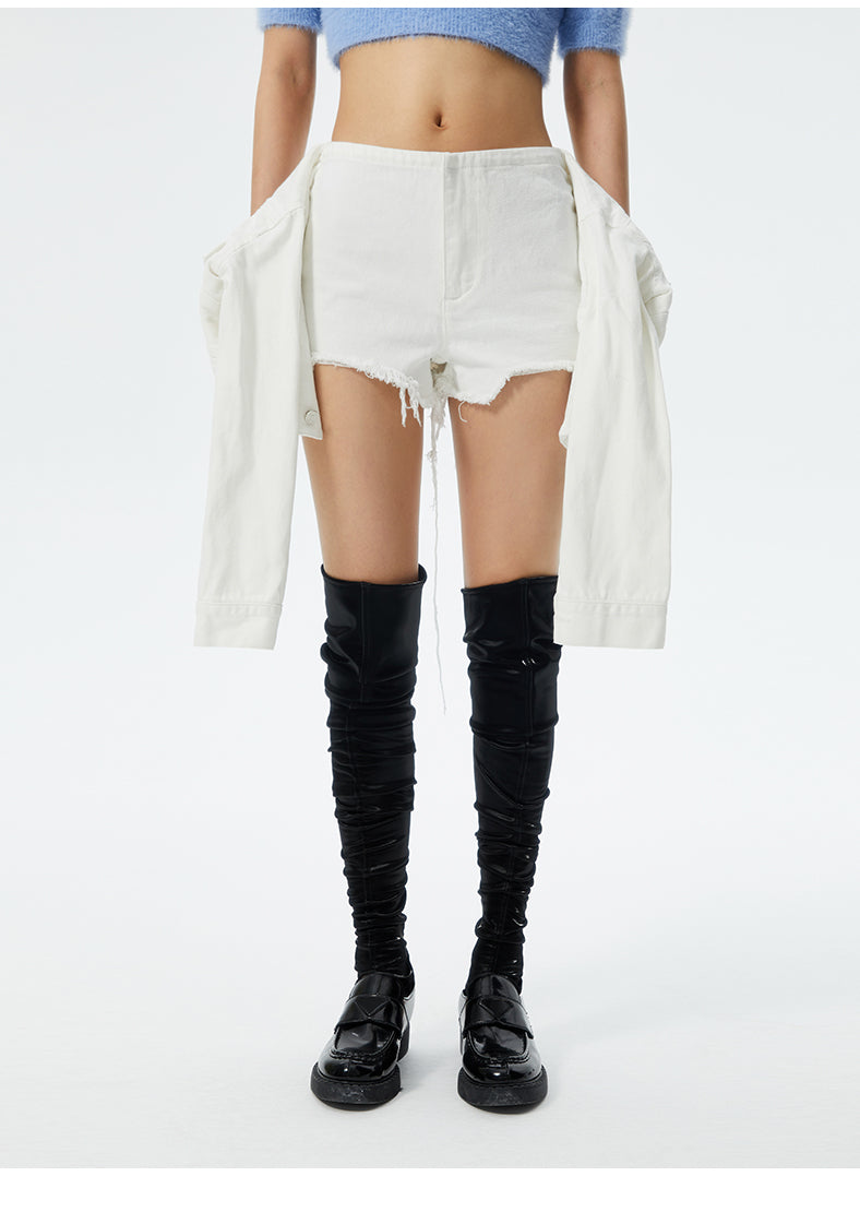 SHOWROOM PLUS ILLUSION tied-sleeve denim shorts, white, front waist-to-hem view