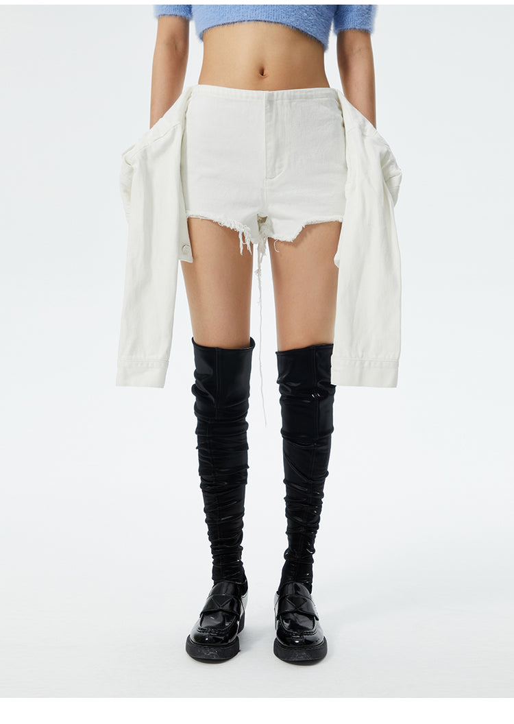 SHOWROOM PLUS ILLUSION tied-sleeve denim shorts, white, front waist-to-hem view