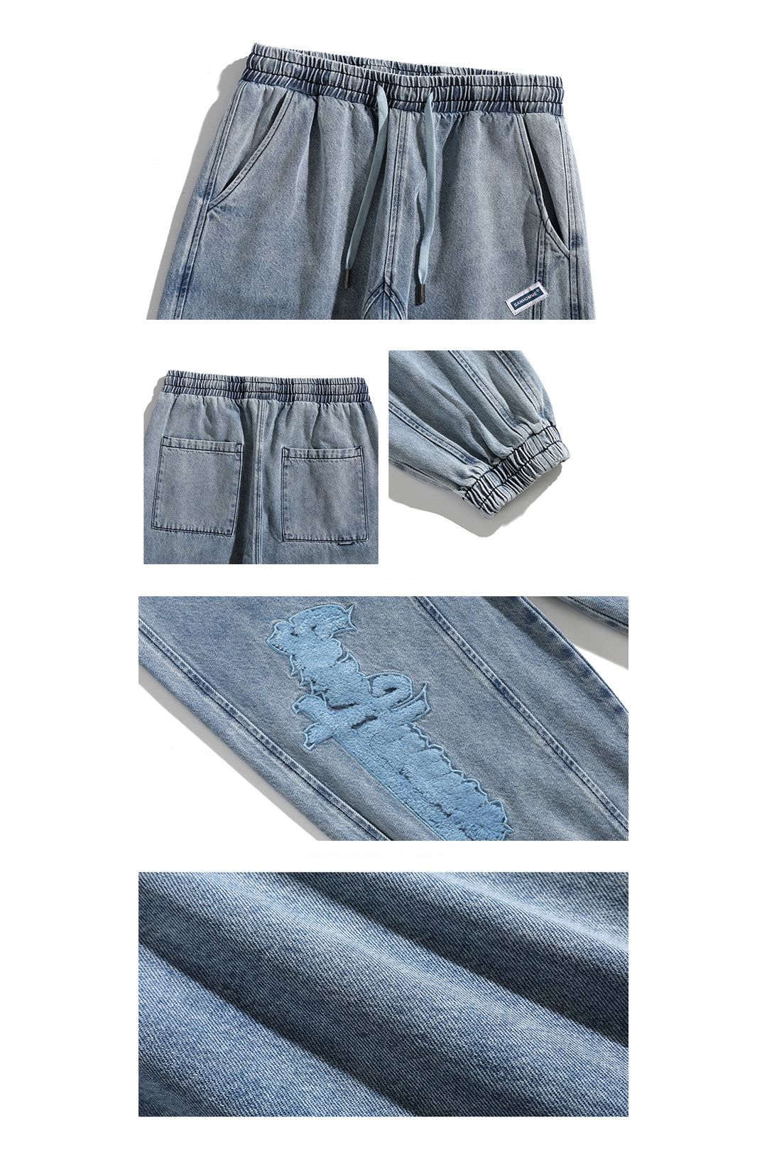 BJHG EMBROIDERED loose denim joggers, waist, rear pockets, cuff, embroidery and fabric detail collage
