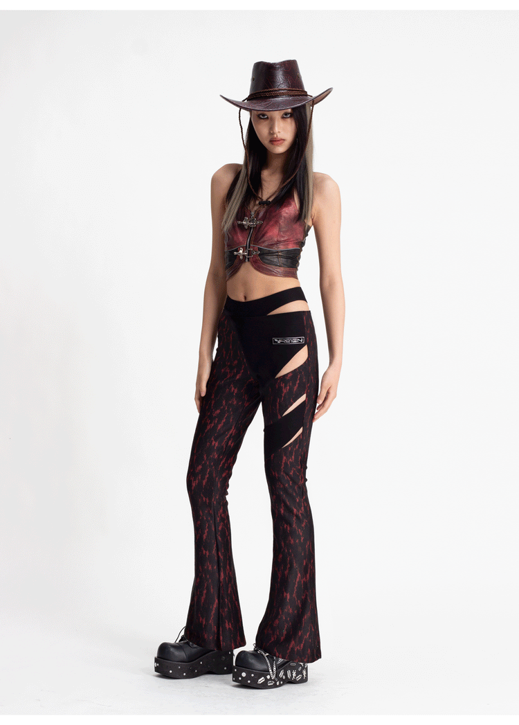 4RE1GN ASYMMETRY jacquard cutout flared pants, matching-top outfit looking down