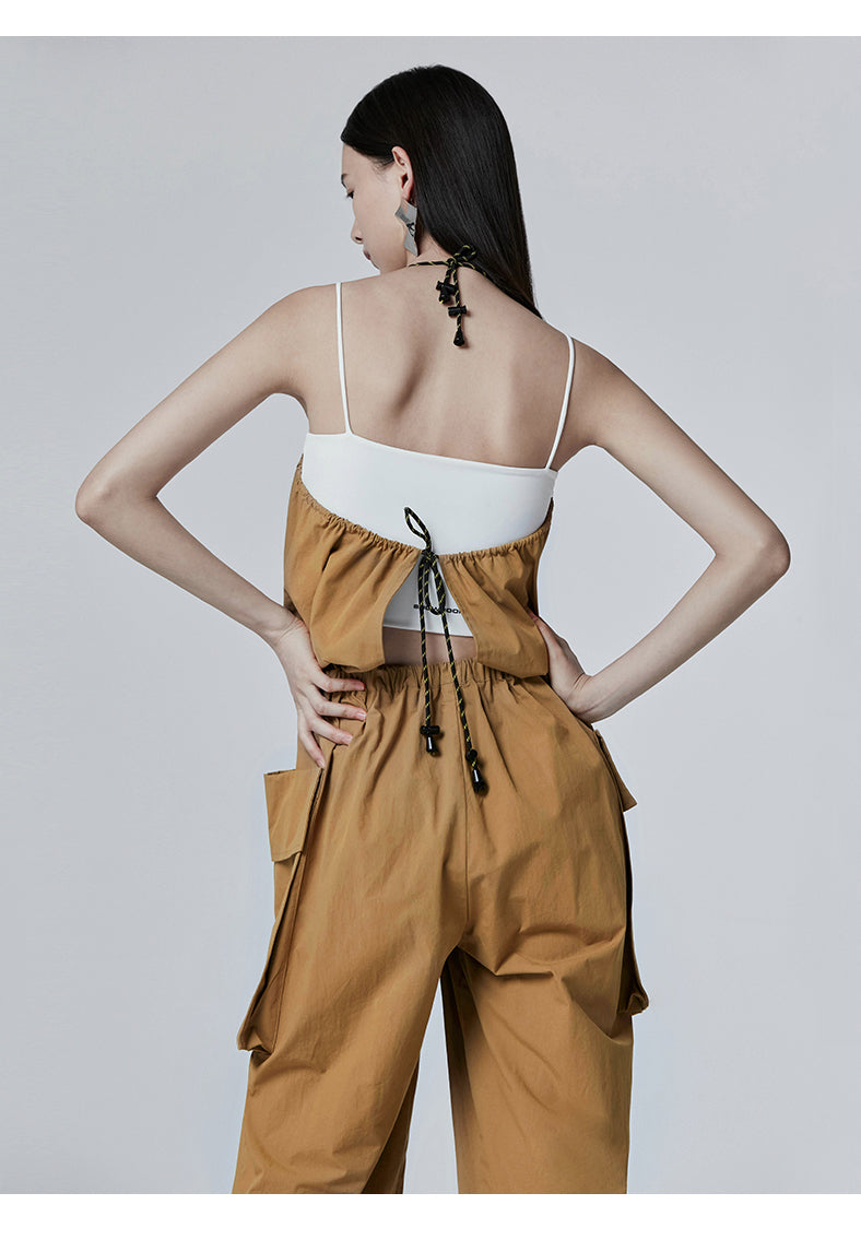 SHOWROOM PLUS HACKWRENCH UTILITY convertible jumpsuit, brown, rear drawcord and gathering detail