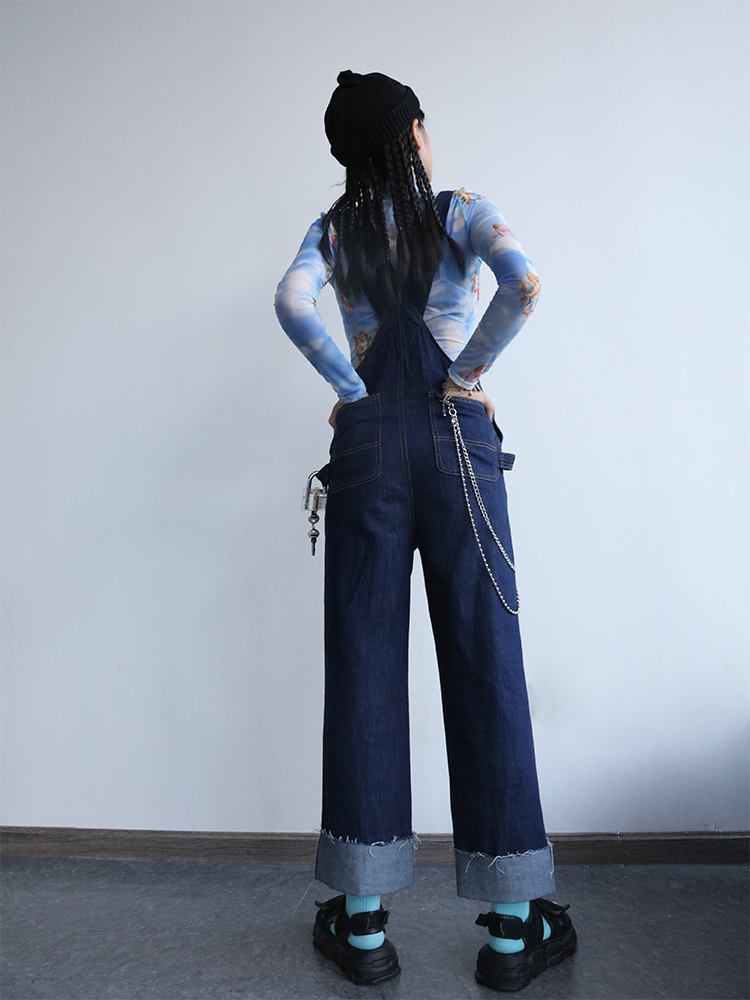CLICK CHIC ANGEL cherub-print mesh crop top, full rear outfit with overalls