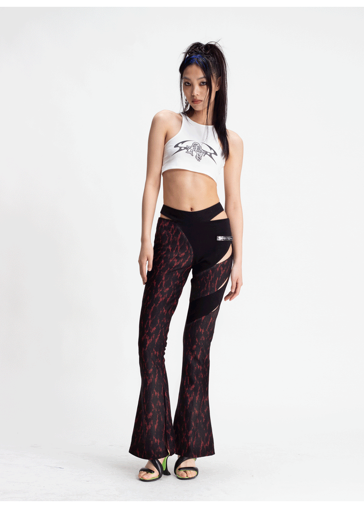 4RE1GN ASYMMETRY jacquard cutout flared pants, full front outfit with a white crop top