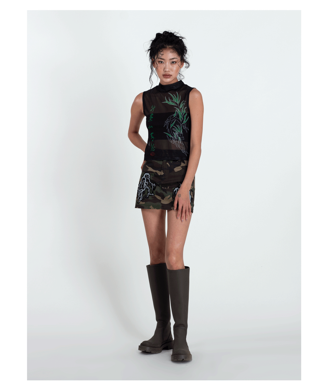 4RE1GN BAMBOO DRAGON sleeveless mesh vest, full outfit with camouflage skirt and boots