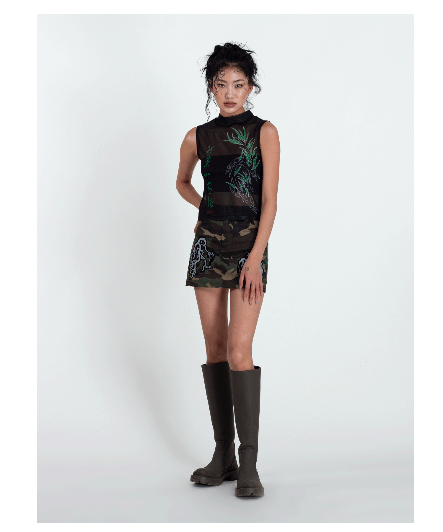 4RE1GN BAMBOO DRAGON sleeveless mesh vest, full outfit with camouflage skirt and boots