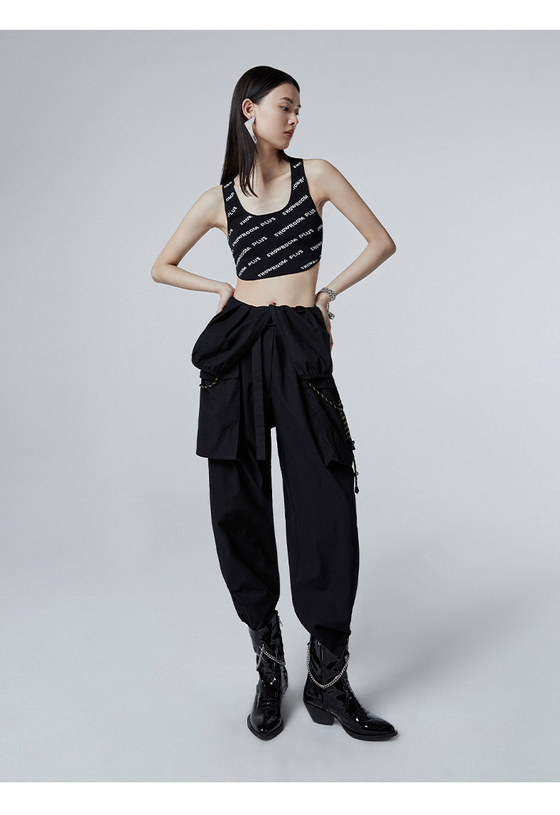 SHOWROOM PLUS HACKWRENCH UTILITY convertible jumpsuit, black, upper section lowered for trouser styling