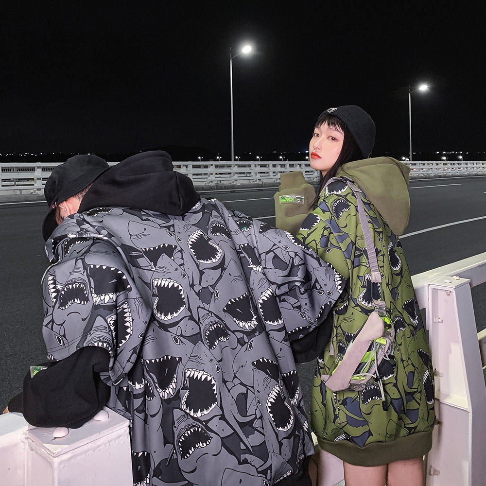 MAMC SHARKS layered-sleeve graphic hoodie, gray rear and green side, paired night outfits