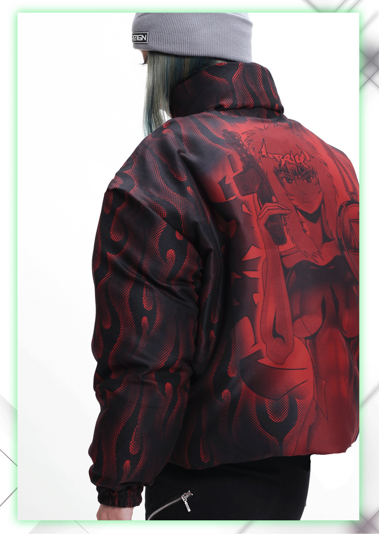 4RE1GN PYTHON FLAME reversible graphic puffer jacket, red side, rear illustration and sleeve-print detail