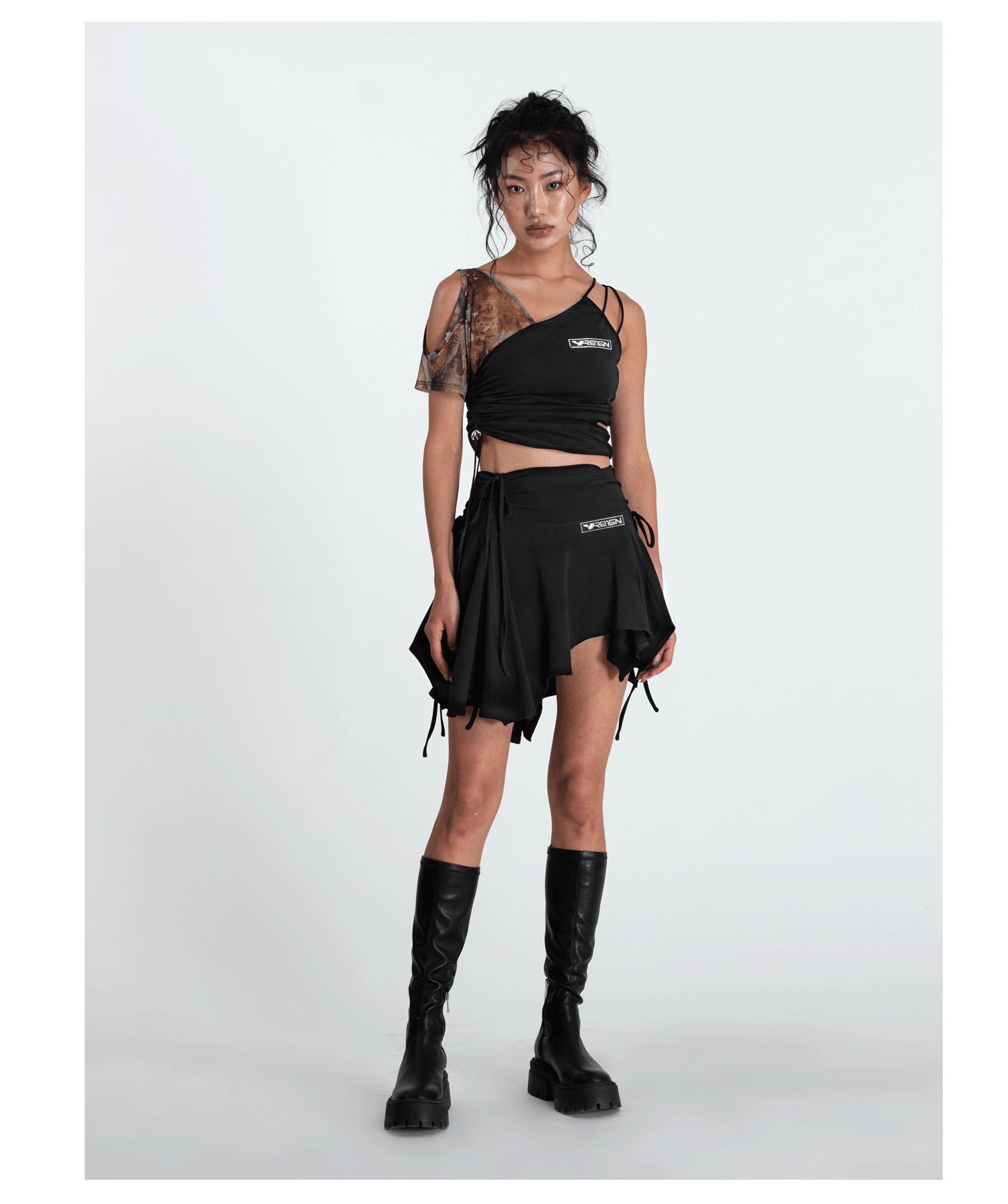4RE1GN TIE-DYE SLEEVE asymmetric crop top, full outfit with a black skirt