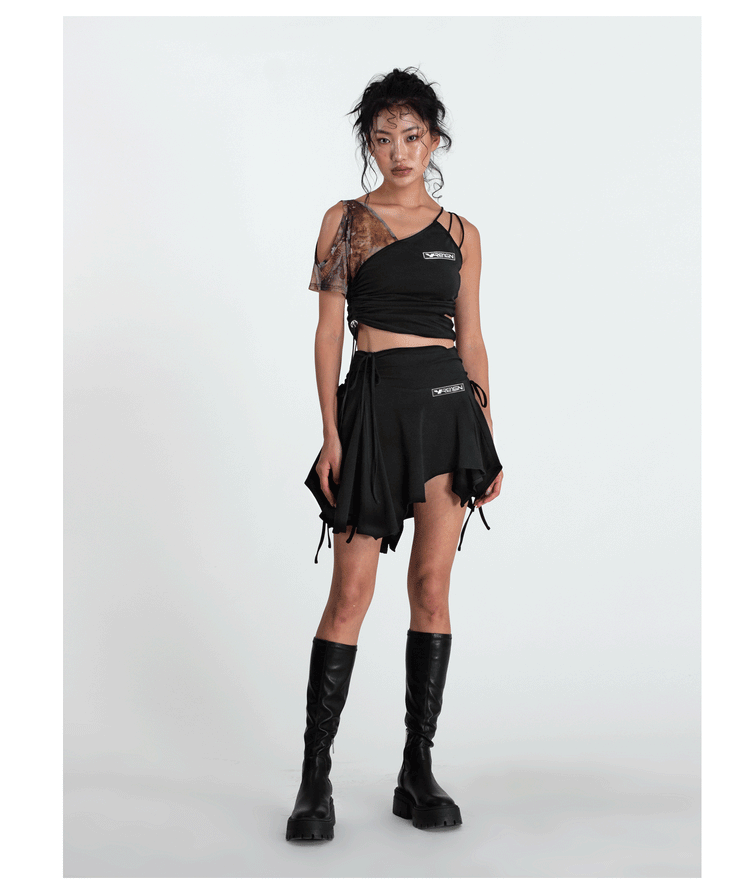 4RE1GN TIE-DYE SLEEVE asymmetric crop top, full outfit with a black skirt