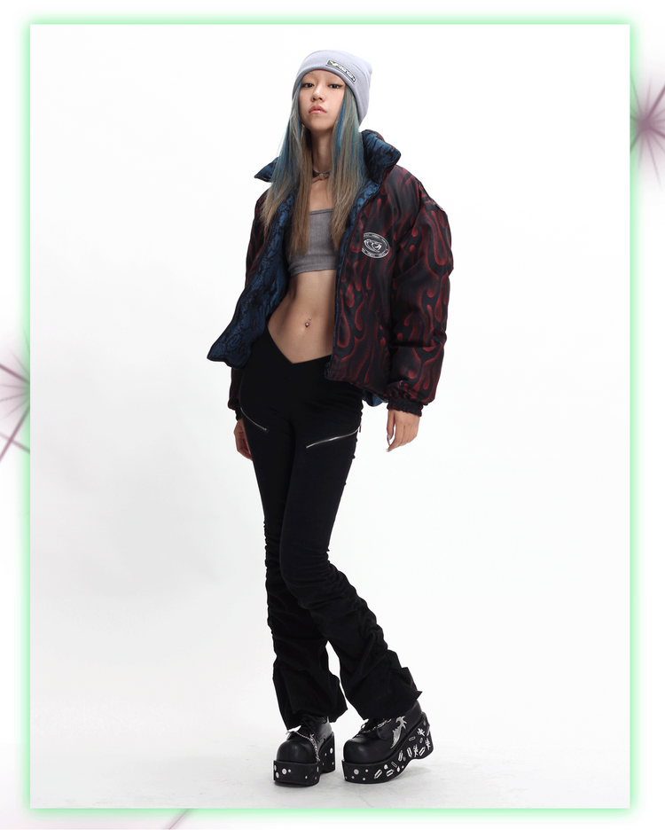 4RE1GN PYTHON FLAME reversible graphic puffer jacket, red side, full outfit with legs crossed