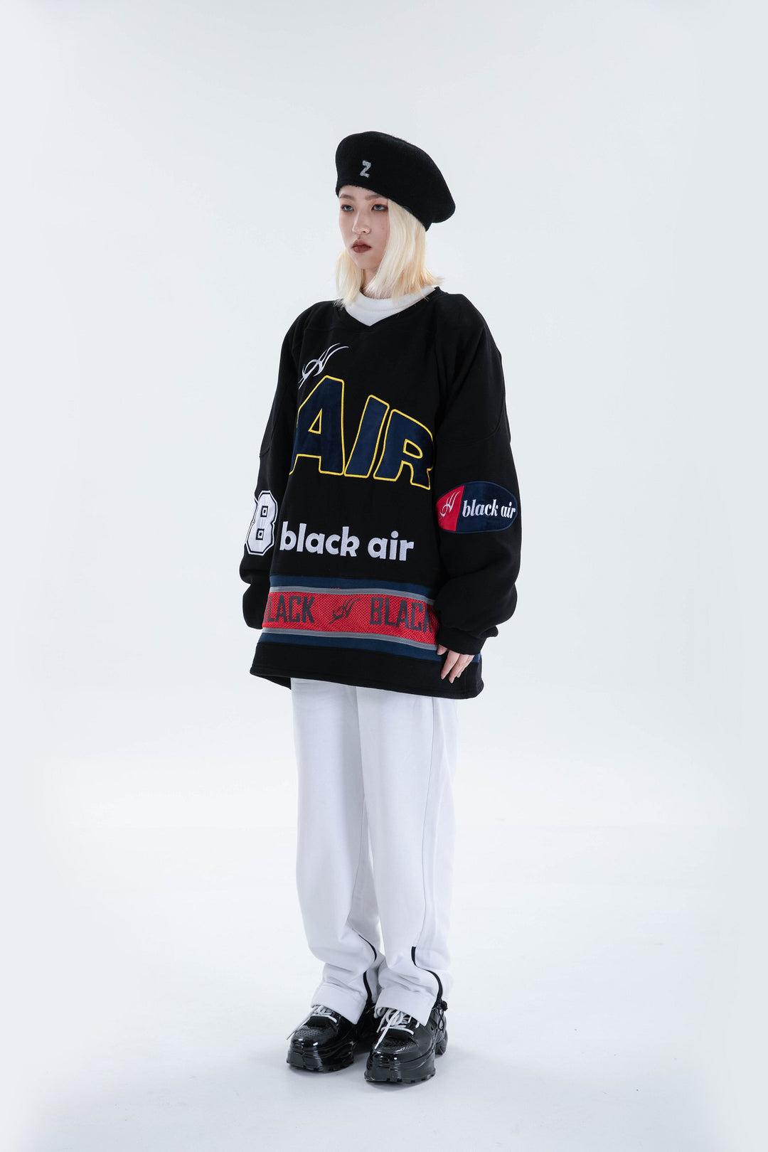 BLACKAIR varsity-letter sweatshirt, black, full side-front standing outfit