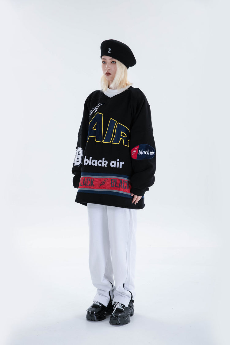 BLACKAIR varsity-letter sweatshirt, black, full side-front standing outfit