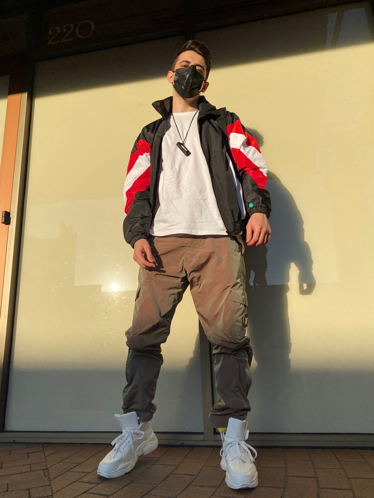 OFF-LABEL BASICS chunky high-top sneakers, white, full outdoor outfit with red-black jacket