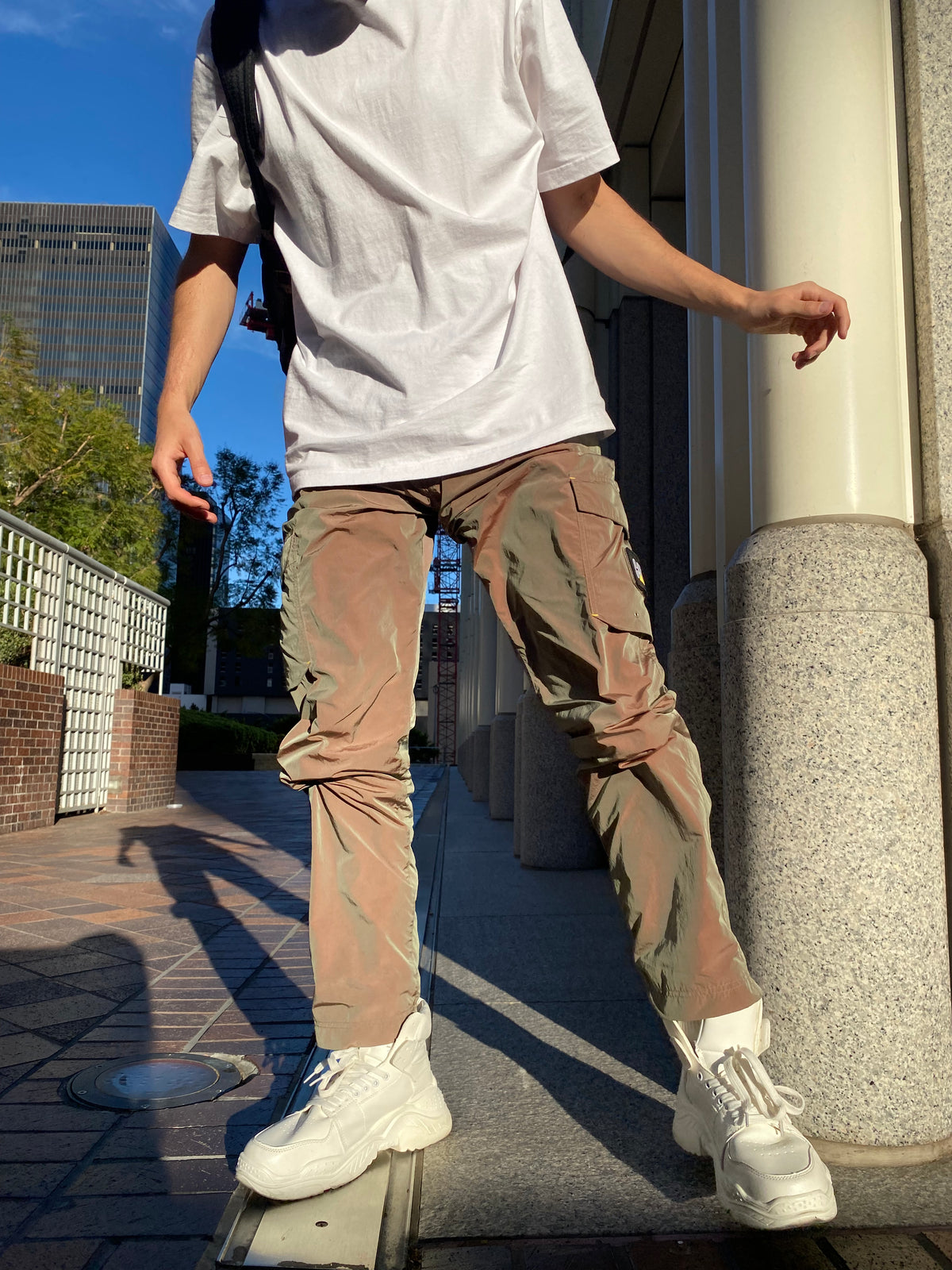 OFF-LABEL BASICS chunky high-top sneakers, white, full sunny outdoor outfit