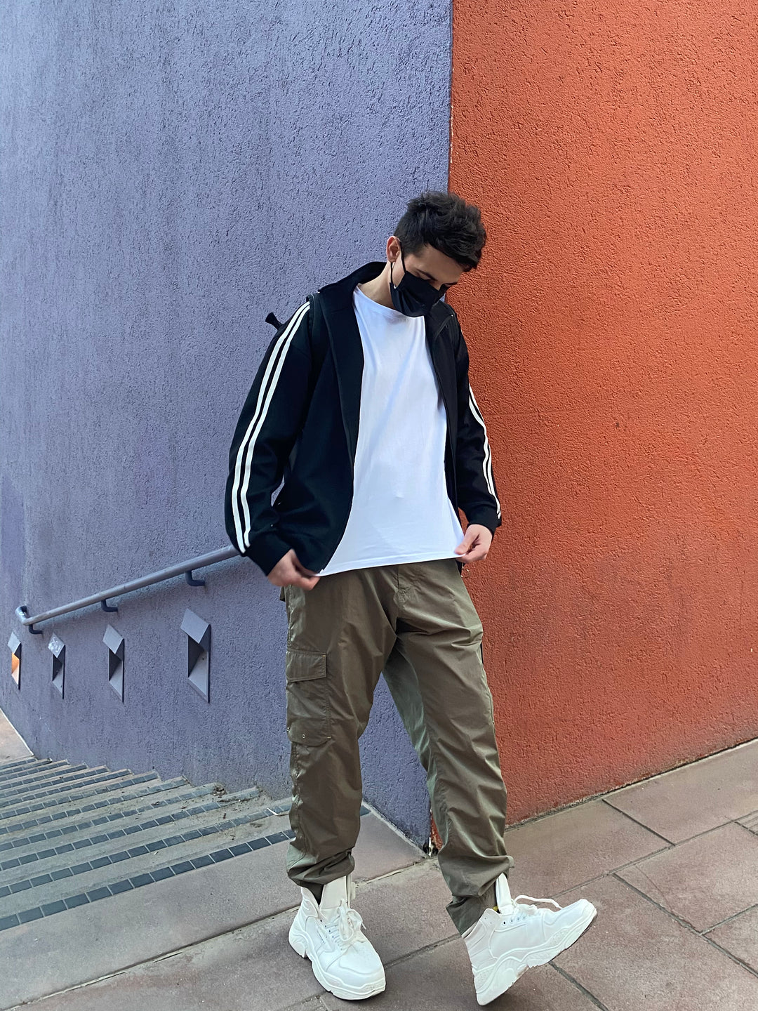 OFF-LABEL BASICS chunky high-top sneakers, white, full outfit on outdoor stairs