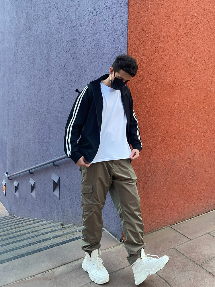 OFF-LABEL BASICS chunky high-top sneakers, white, full outfit on outdoor stairs