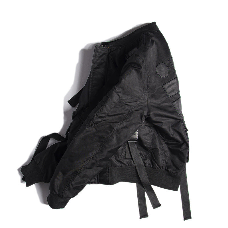 OFF-LABEL STREET FIGHTER webbing-strap bomber jacket, black, close side view of straps