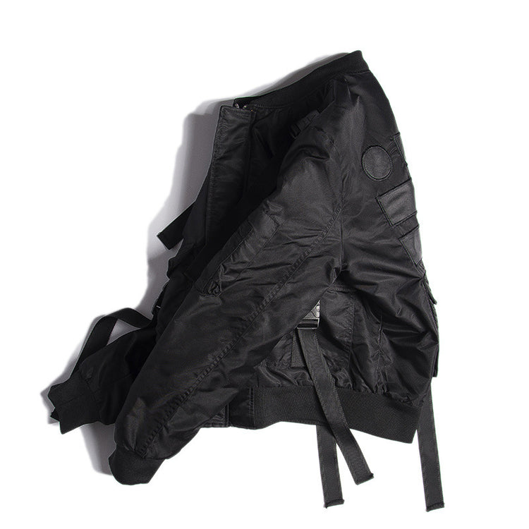 OFF-LABEL STREET FIGHTER webbing-strap bomber jacket, black, close side view of straps