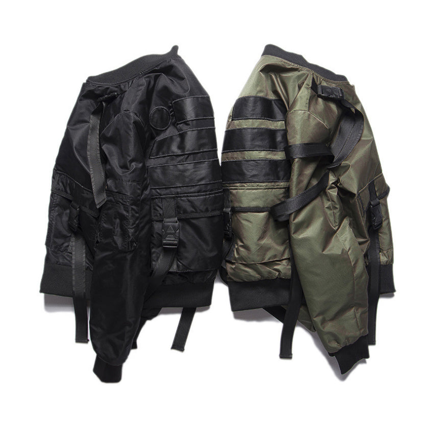 OFF-LABEL STREET FIGHTER webbing-strap bomber jacket, black and olive versions viewed from the side