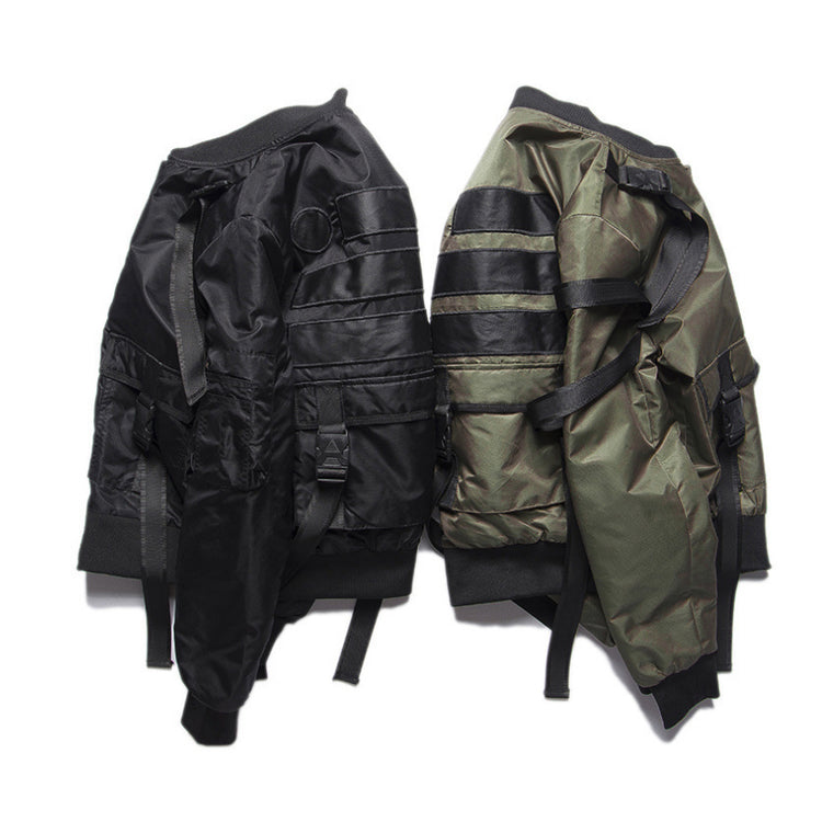OFF-LABEL STREET FIGHTER webbing-strap bomber jacket, black and olive versions viewed from the side