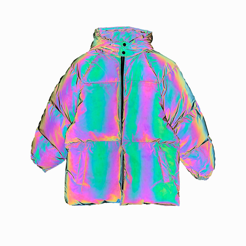 BLACKAIR LASER iridescent hooded puffer, product front showing intense multicolor reflection
