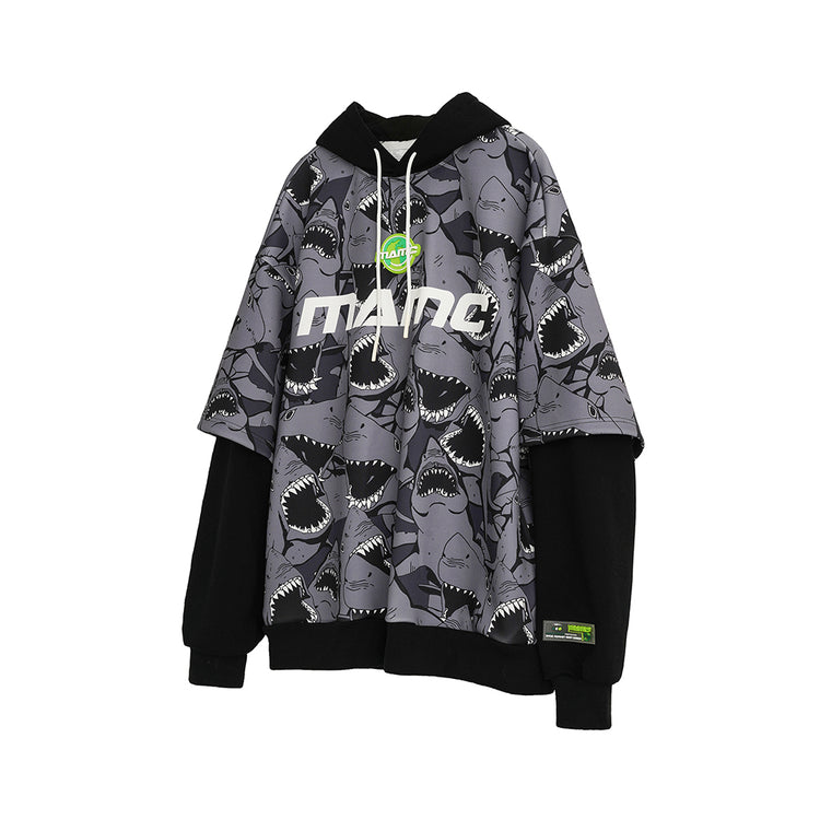 MAMC SHARKS layered-sleeve graphic hoodie, gray, product-only front