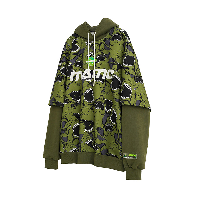 MAMC SHARKS layered-sleeve graphic hoodie, green, product-only front