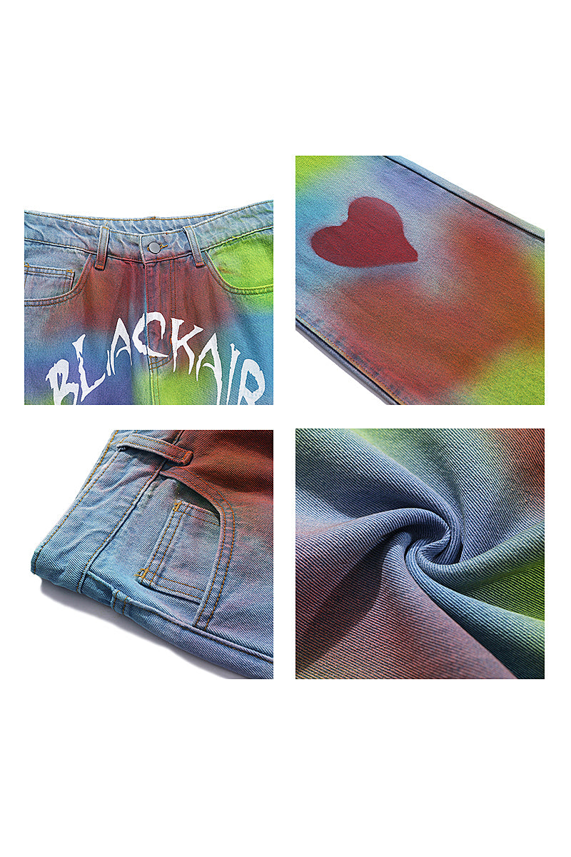 BLACKAIR INKJET LOVE GRAFFITI multicolor heart jeans, waist, heart, rear-pocket and fabric detail collage