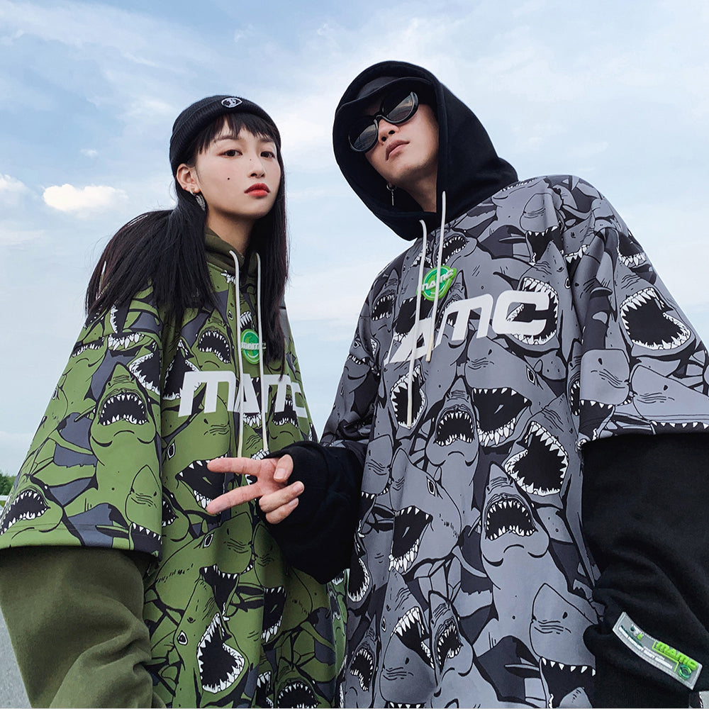 MAMC SHARKS layered-sleeve graphic hoodie, green and gray, paired front outfits