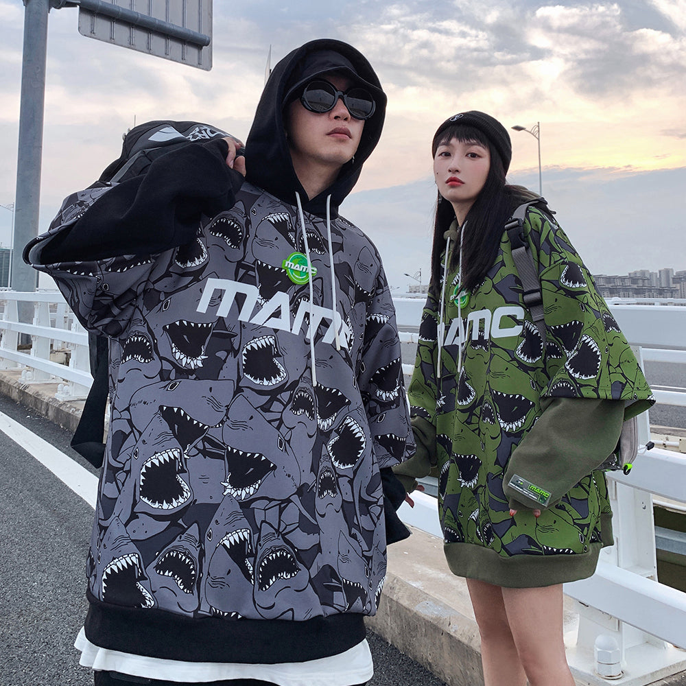 MAMC SHARKS layered-sleeve graphic hoodie, gray foreground and green background, paired outfits