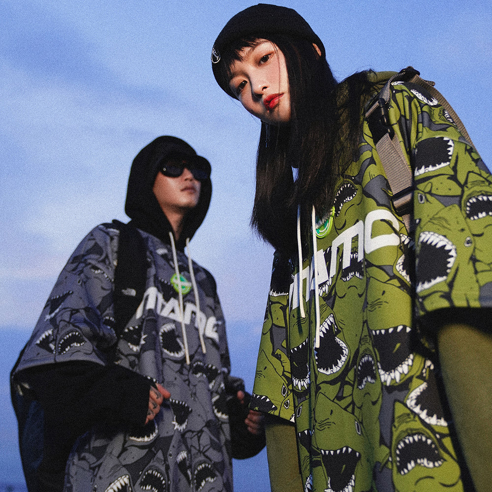 MAMC SHARKS layered-sleeve graphic hoodie, green and gray, low-angle paired outfits