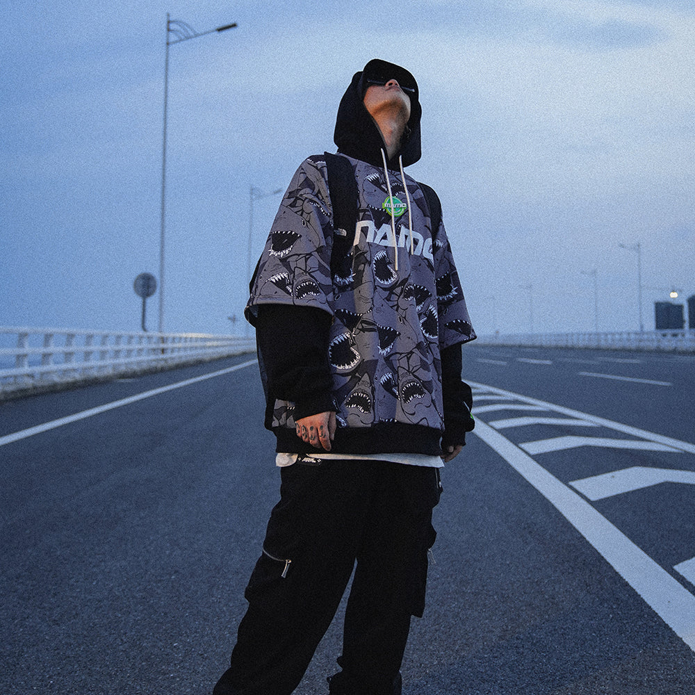 MAMC SHARKS layered-sleeve graphic hoodie, gray, full standing outfit